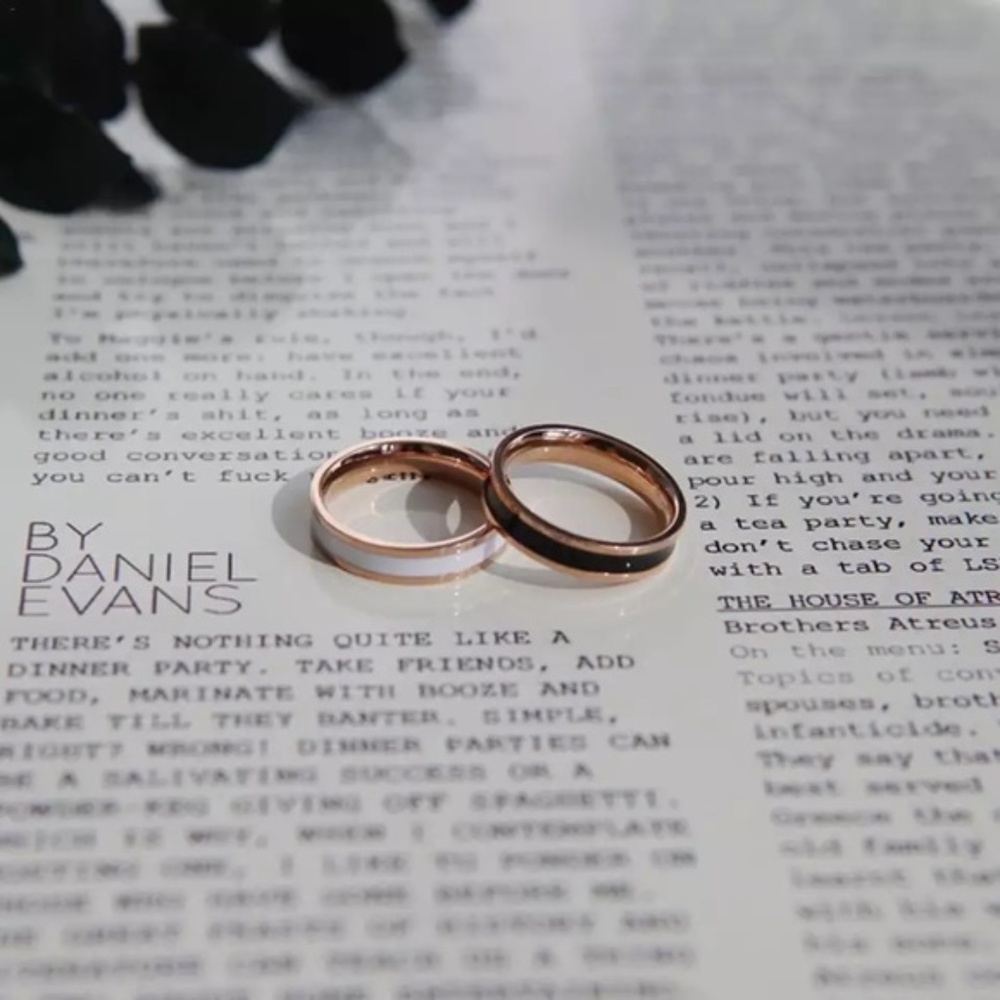 Black White Enamel Coated Ring Wedding Band - Picture 6 of 16